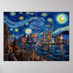 Póster Torre Perla Oriental bajo el cielo estrellado de S