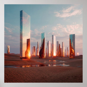 Póster Torres de espejo surrealistas futuristas en el des