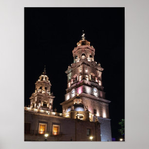 Póster torres de la catedral de morelia de noche