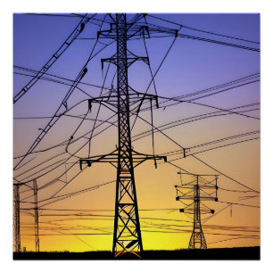 Póster Torres eléctricas de cielo púrpura y amarillo