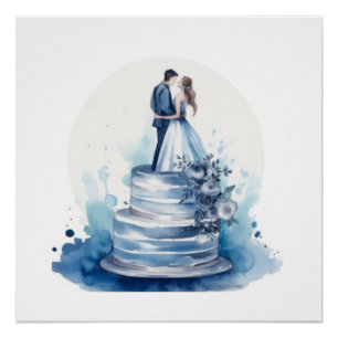 Póster Torta de Boda Floral Azul Acuarela Elegante