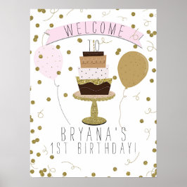 Póster Torta de Cumpleaños número Uno de Azúcar Rosa y Do