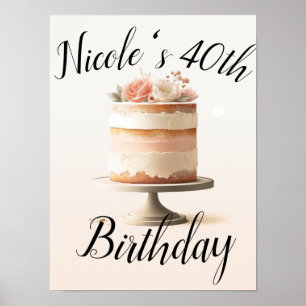 Póster Torta Floral Elegante de Cumpleaños con Tono Rosa