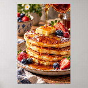 Póster Tortitas esponjosas con bayas frescas y sirope dor