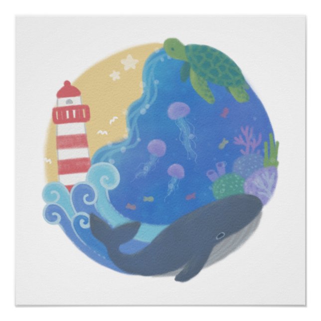 Póster Tortuga de ballena y faro de verano oceánico (Anverso)