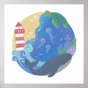 Póster Tortuga de ballena y faro de verano oceánico