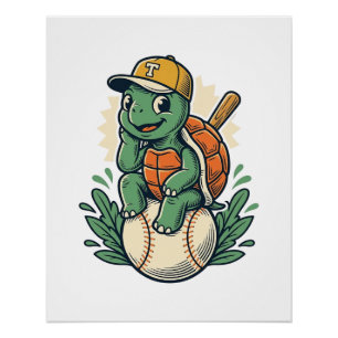 Póster Tortuga de béisbol grabado vintage diseño gráfico_