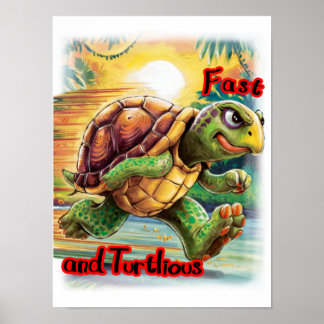 Póster Tortuga de dibujos animados divertida y colorida e