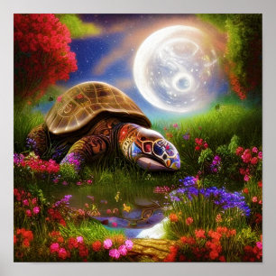 Póster Tortuga de fantasía y luna   