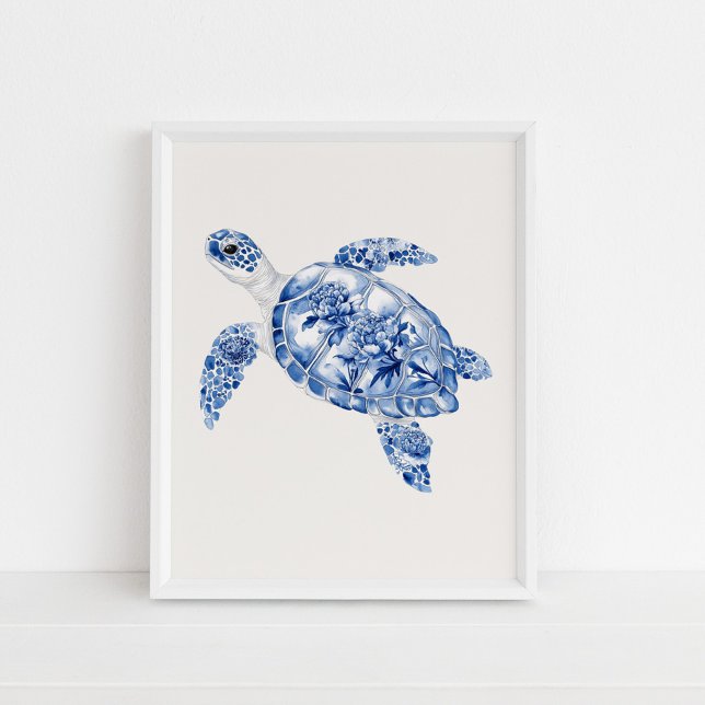 Póster Tortuga de mar de cabeza - Azul costero en beige (Overhead Sea Turtle – Coastal Blue on Beige Poster in a white frame on the floor)