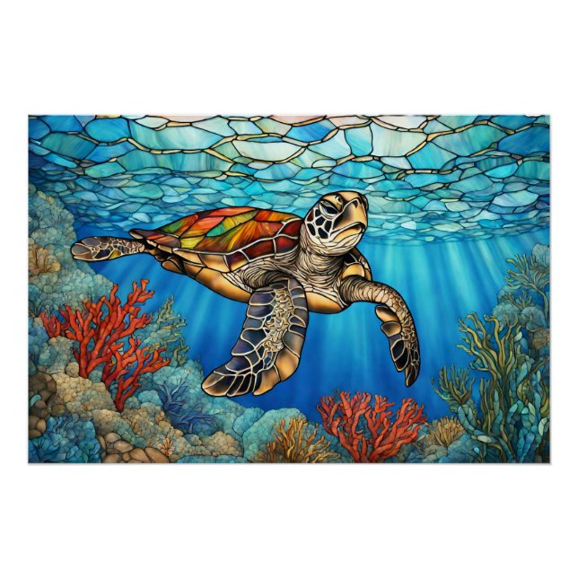 Póster Tortuga de mar de vidrio manchado Natación, Coral (Anverso)