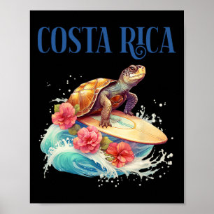 Póster Tortuga de Playa Surfista Sonriente Flores Tropica