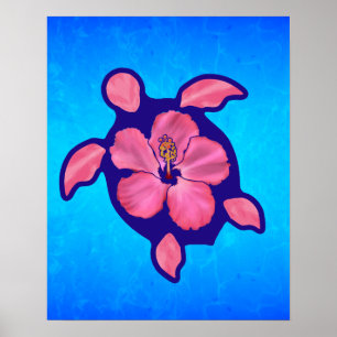 Póster Tortuga e hibisco hawaianos de Honu