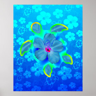 Póster Tortuga e hibisco tropicales de Honu