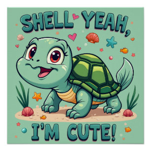 Póster Tortuga Kawaii Adorable con Estética Oceánica y Ju