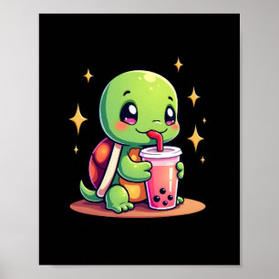 Póster Tortuga linda bebiendo boba. Tortugas Boba Diverti