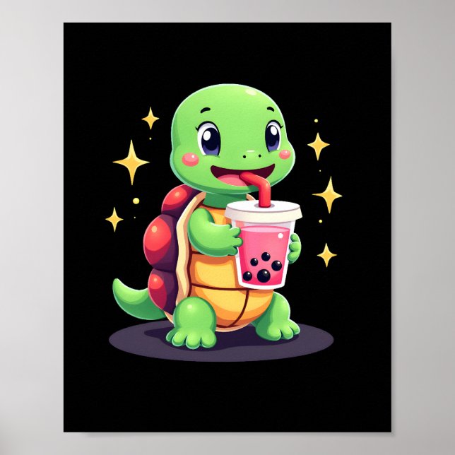 Póster Tortuga linda bebiendo boba. Tortugas Boba Diverti (Frente)