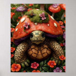 Póster Tortuga mágica en bosque de flores