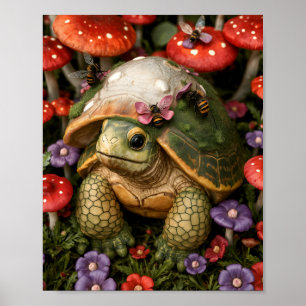 Póster Tortuga mágica en bosque de flores