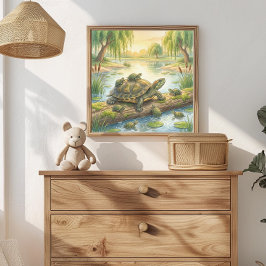 Póster Tortuga Mamá y Crías en Vivero de Estanque