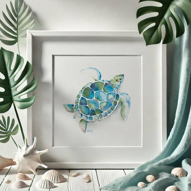 Póster Tortuga marina acuarela (Sea turtle drawing beach pictures watercolor art by Victoria Grigaliunas Do Tell A Belle)