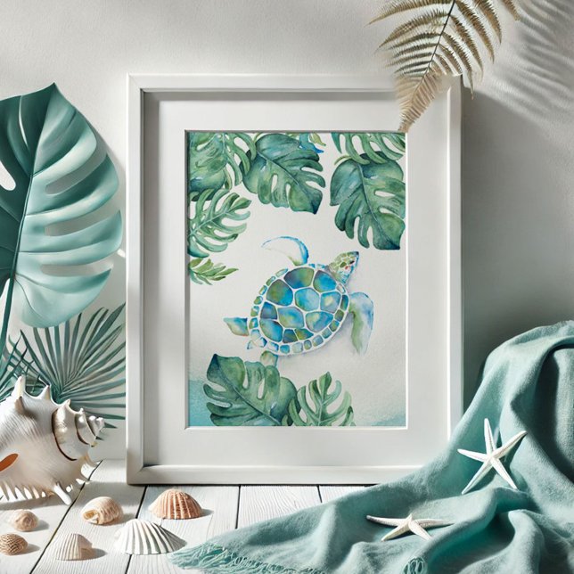 Póster Tortuga marina acuarela y hojas de Monstera (beach pictures watercolor sea turtle drawing with monstera palm leaves print by Victoria Grigaliunas)