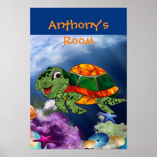Póster Tortuga marina amistosa en el mar (Frente)