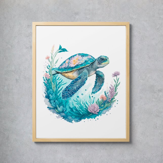 Póster Tortuga marina animal marino acuarela (Watercolor Sea Turtle Marine Animal Poster
)