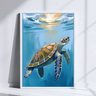 Póster Tortuga Marina Animal Oceánico Acuarela