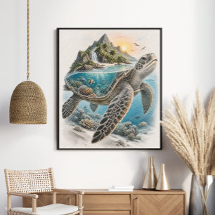 Póster Tortuga Marina Arrecife de Coral de Isla Tropical