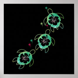 Póster Tortuga marina artística Hibiscus Flor estiloso