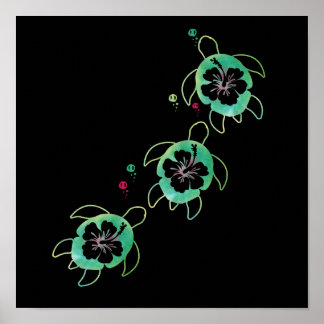 Póster Tortuga marina artística Hibiscus Flor Wall Art Cu