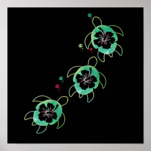 Póster Tortuga marina artística Hibiscus Flor Wall Art Cu