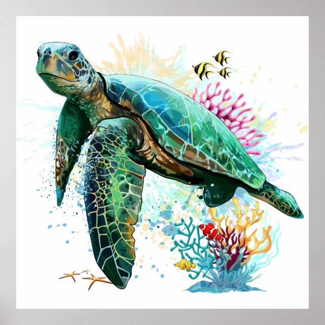 Póster Tortuga marina bajo el agua Estilo (Frente)