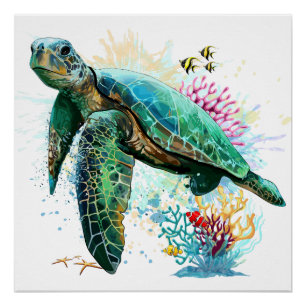 Póster Tortuga marina bajo el agua Estilo