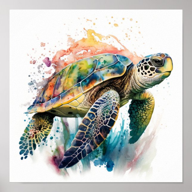 Póster Tortuga marina colorida con salpicaduras de estilo (Frente)