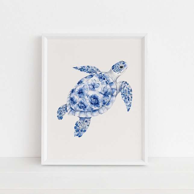 Póster Tortuga marina con vista lateral - Azul costero en (Side View Sea Turtle – Coastal Blue on Beige Poster in a white frame on the floor)