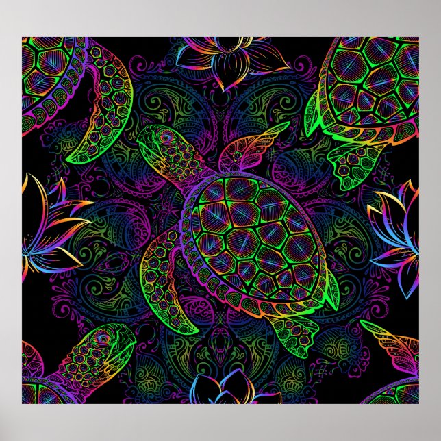 Póster Tortuga marina de Boho: Patrón de Mandala psicodél (Frente)