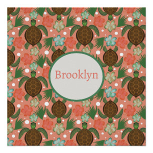 Póster Tortuga marina e Hibiscus Coral Nombre floral rosa