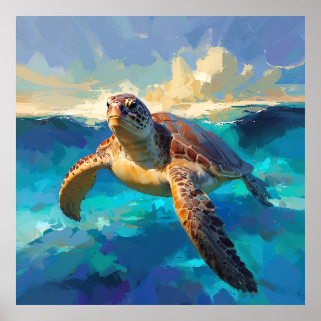 Póster Tortuga marina en vibrante pintura oceánica (Frente)