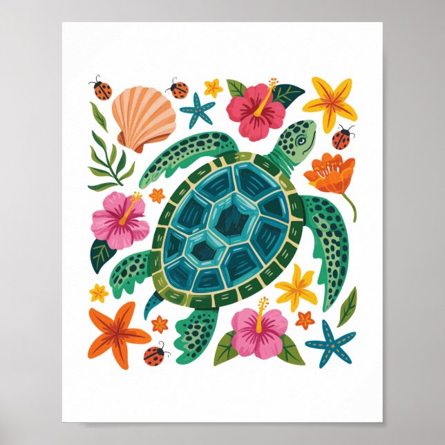 Póster Tortuga marina floral de Boho (Frente)