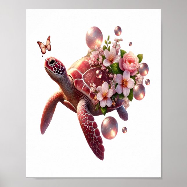 Póster Tortuga marina floral de Boho, flor rosa (Frente)