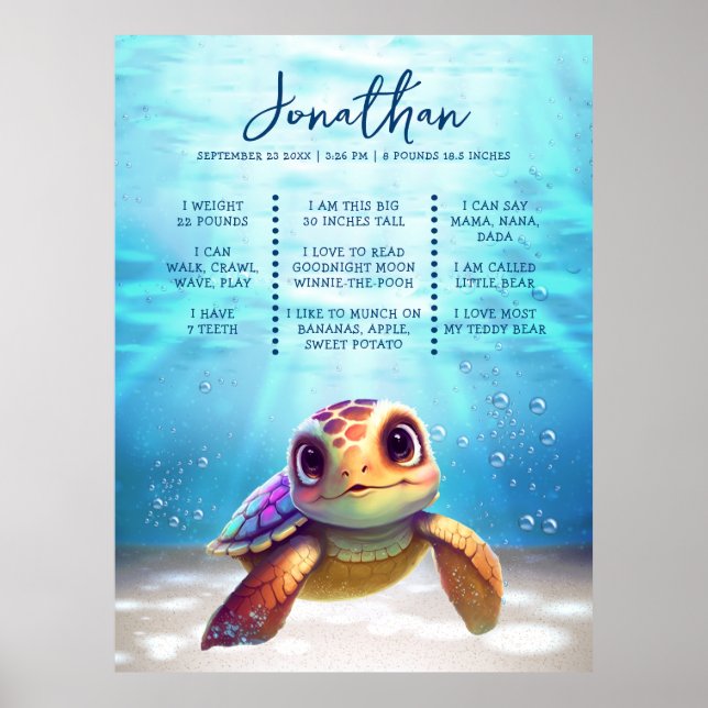 Póster Tortuga marina moderna Cute primer hito de cumplea (Frente)