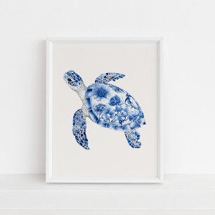 Póster Tortuga marina nadadora - Azul costero en beige