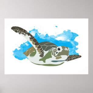 Póster Tortuga marina nadando en diseño de acuarela