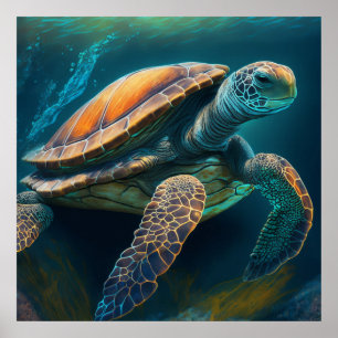 Póster Tortuga marina nadando en el océano