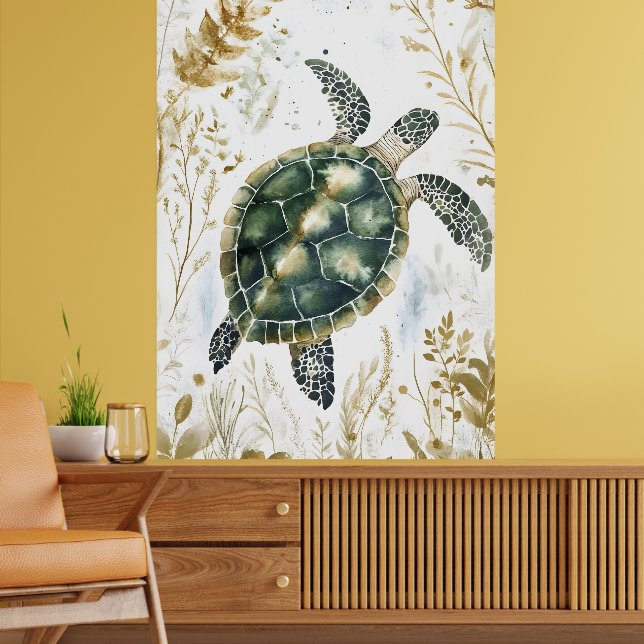 Póster tortuga marina nadando rodeada de patrones florale (Salón 2)