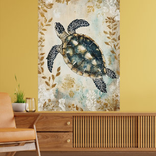 Póster tortuga marina nadando rodeada de patrones florale