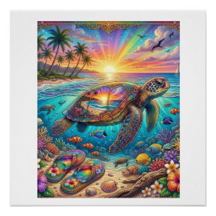 Póster Tortuga marina puesta de sol tropical arcoíris pla