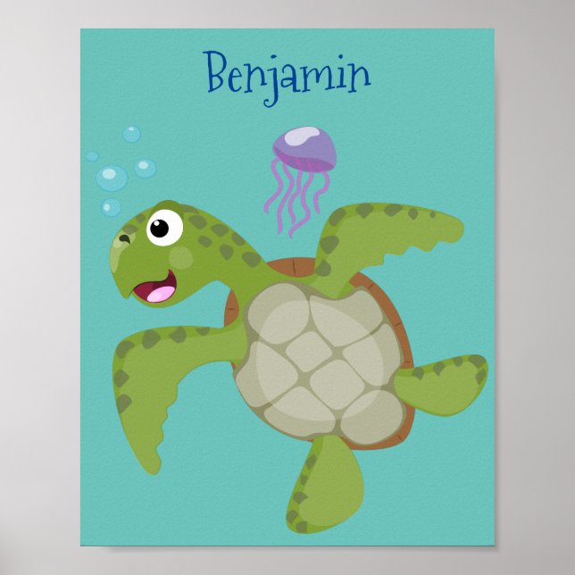 Póster Tortuga marina verde suave feliz ilustracion perso (Frente)